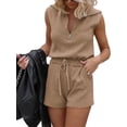 thumbnail image 2 of Sleeveless Women's Casual Shorts Rompers Summer Half Zip Lapel Collar Drawstring Knit One Piece Jumpsuit with Pockets, 2 of 6