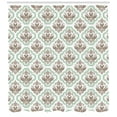 thumbnail image 2 of Damask Shower Curtain, Bicolor Repeating Classic Ornament with Ethnic Floral Details and Swirls, Fabric Bathroom Set with Hooks, 69W X 70L Inches, Cocoa Sea Green White, by Ambesonne, 2 of 2