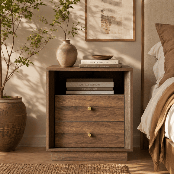 Wetalus Nightstand Mid-Century with Charging Station, 2 Drawers, Dark Walnut