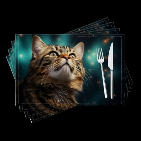 

BaHomeck placemats Set of 4 Beautiful Cat Looking Up At The Stars Cotton Linen rectangle Placemats for Kitchen Dining Table Indoor Outdoor 18*12inch