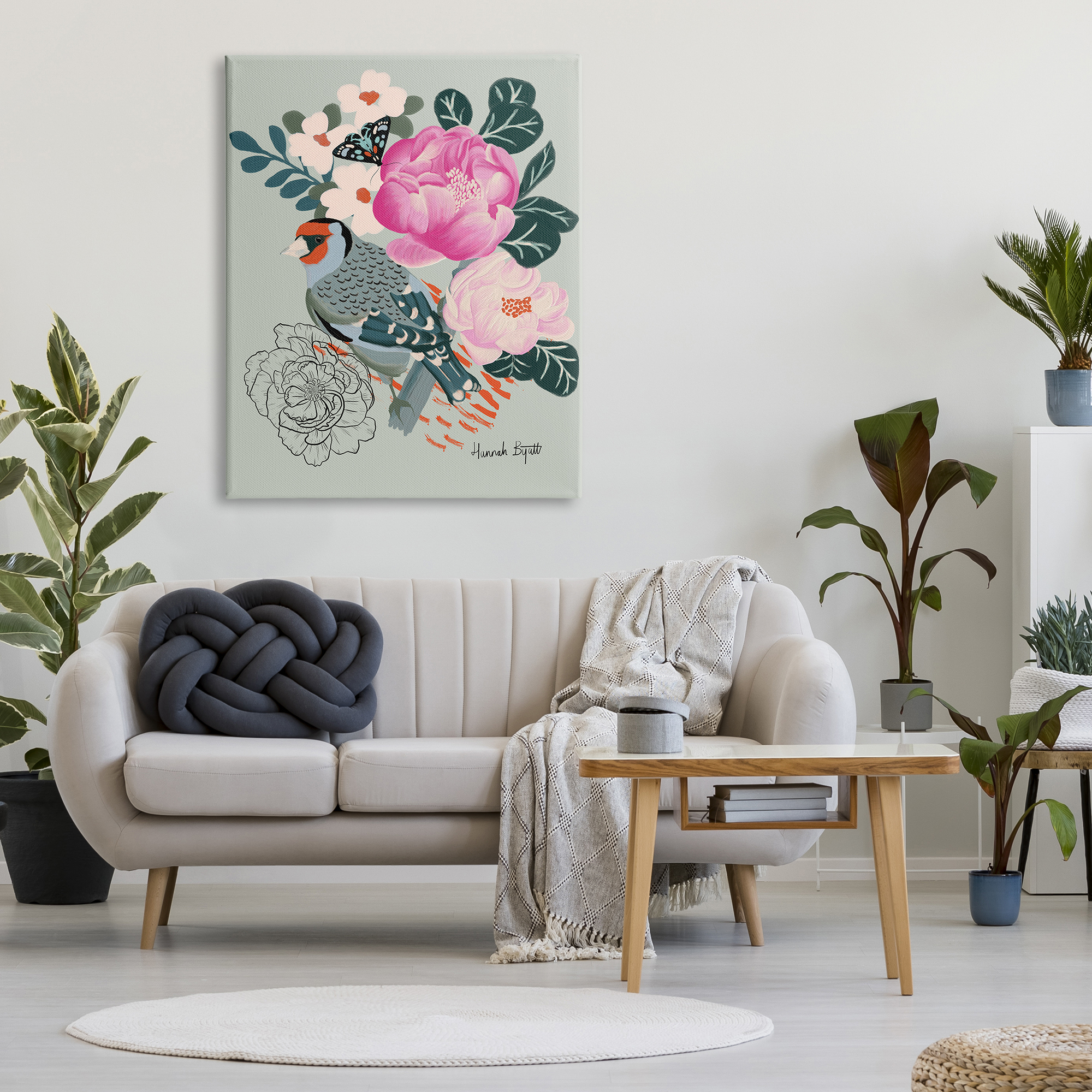 Stupell Industries Bird & Peonies on Green Animals & Insects Painting Gallery Wrapped Canvas Print Wall Art, 36 x 48
