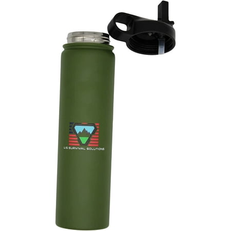 

US Survival Solutions Water Bottle - Vacuum Insulated Water Bottle for Hiking Camping Survival Travel | Vacuum Stainless Steel Bottle With Straws Paracord Handle | Keeps hot or Cold
