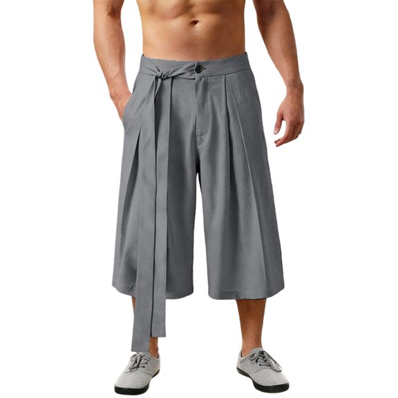 Yuhangmm Men's Casual Summer Trousers Lightweight Flowy Wide Leg Cropped Pants With Pleats For Comfortable Everyday Wear Grey XL