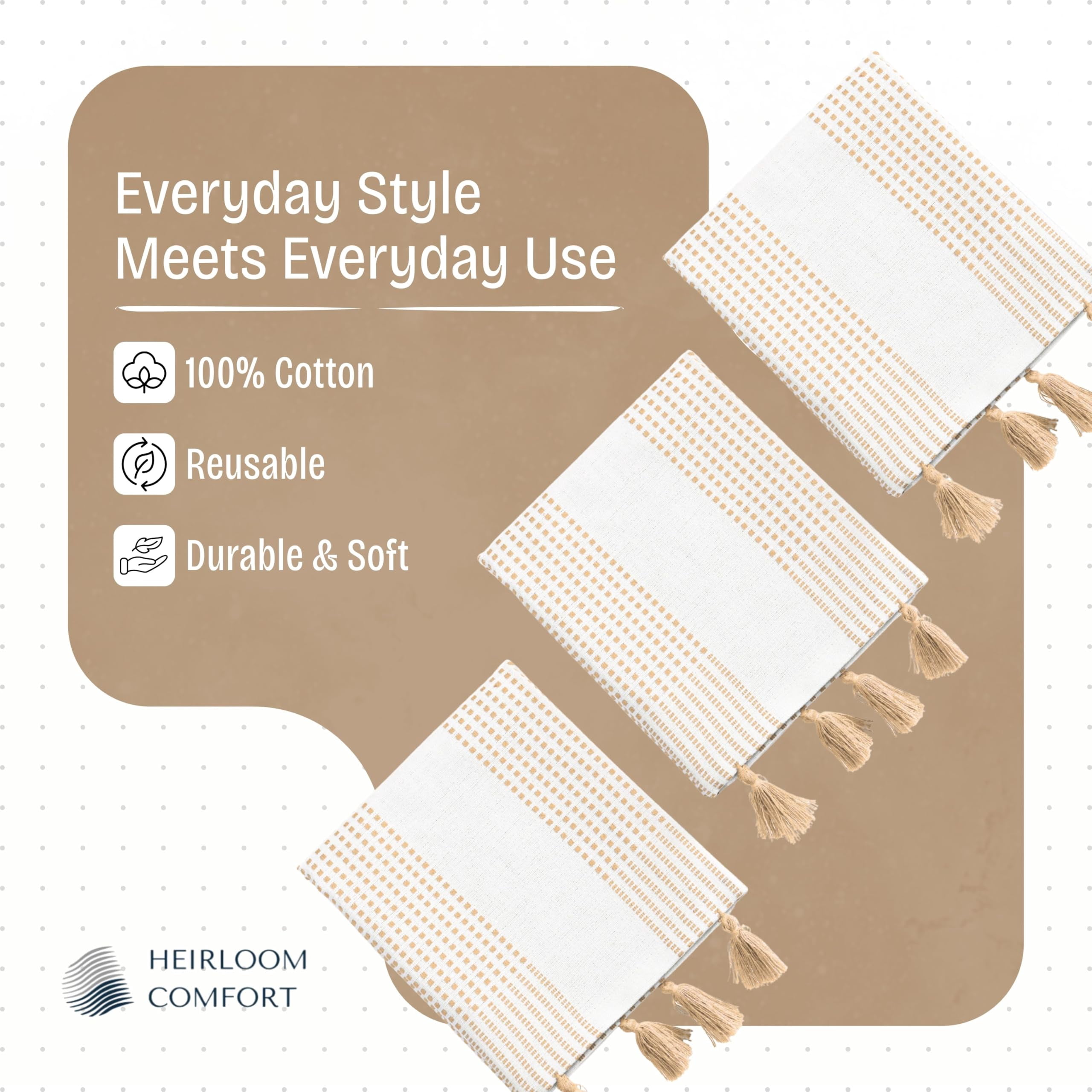 HEIRLOOM COMFORT Beige Decorative Dotted Kitchen Towels 16x26 Inch, 5 Pack, Soft, 100% Cotton, Absorbent & Fast-Drying Dish Towels with Tassels, Ideal for Cleaning, Drying Dishes, and Daily Use