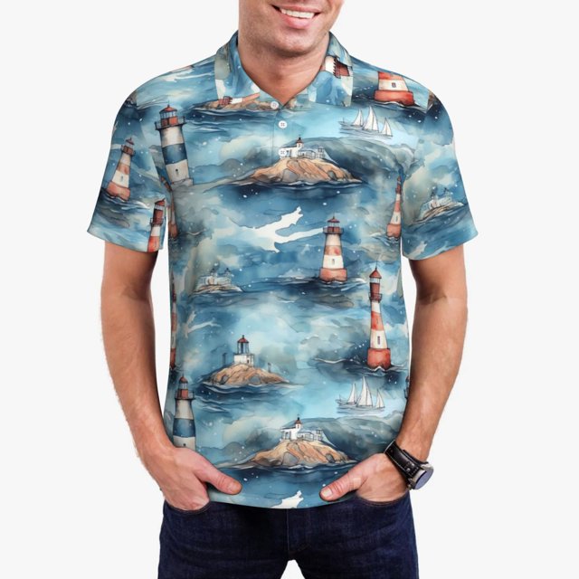 Balery Sea Marine And Lighthouse Camisa Polo de Hombre con Estampado, de Manga Corta y Tejido Medio, Camisa Tipo Golf Polo-Large