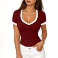 thumbnail image 2 of Oksale Womens Basic Tees 2026 Soft Cozy Knit Ribbed Tshirts Trendy Deep V Neck Summer Tops for Going Out Wine S, 2 of 7