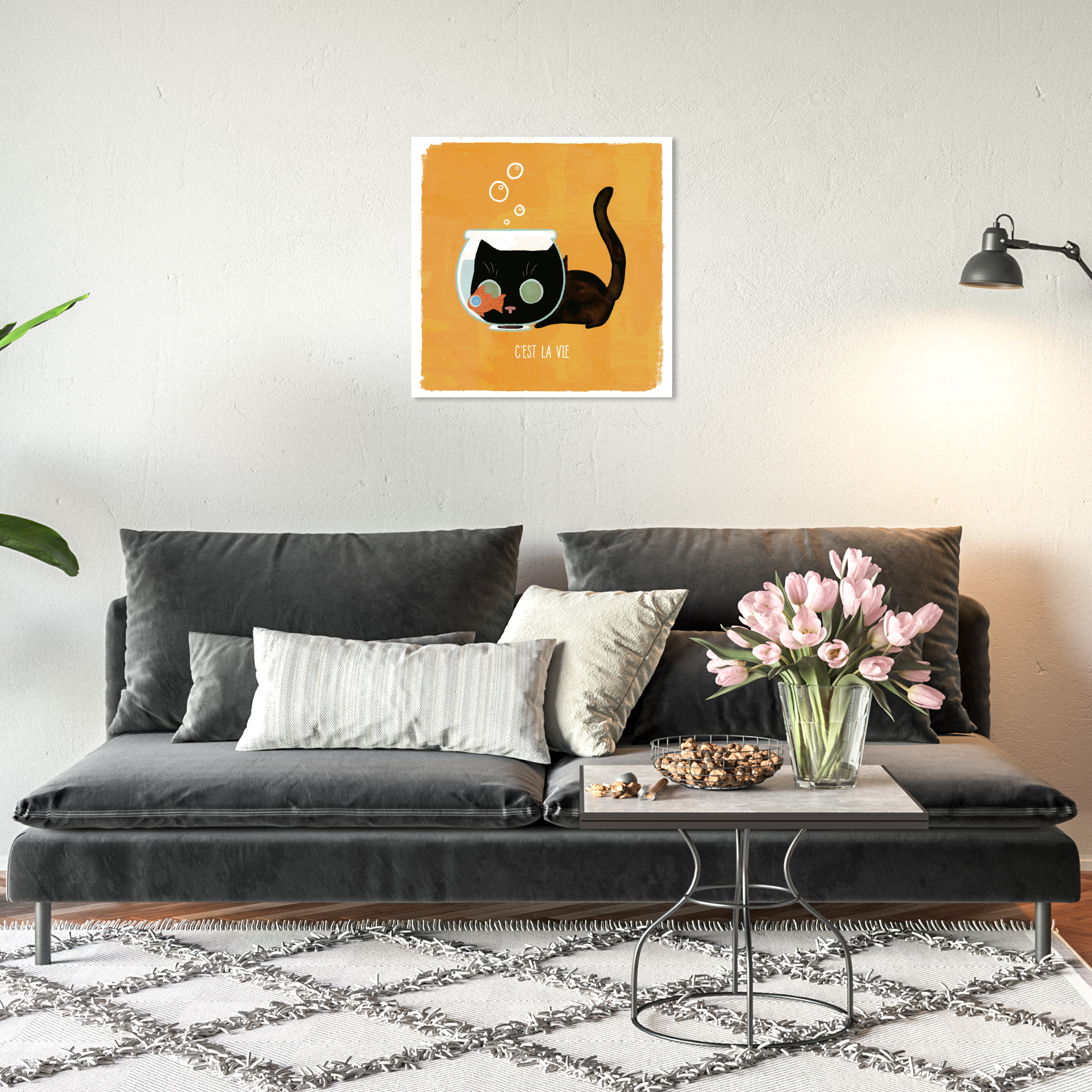 Wynwood Studio Prints Ces't La Vie Cat Typography and Quotes Funny Quotes and Sayings Wall Art Canvas Print Yellow Dark Yellow 20x20