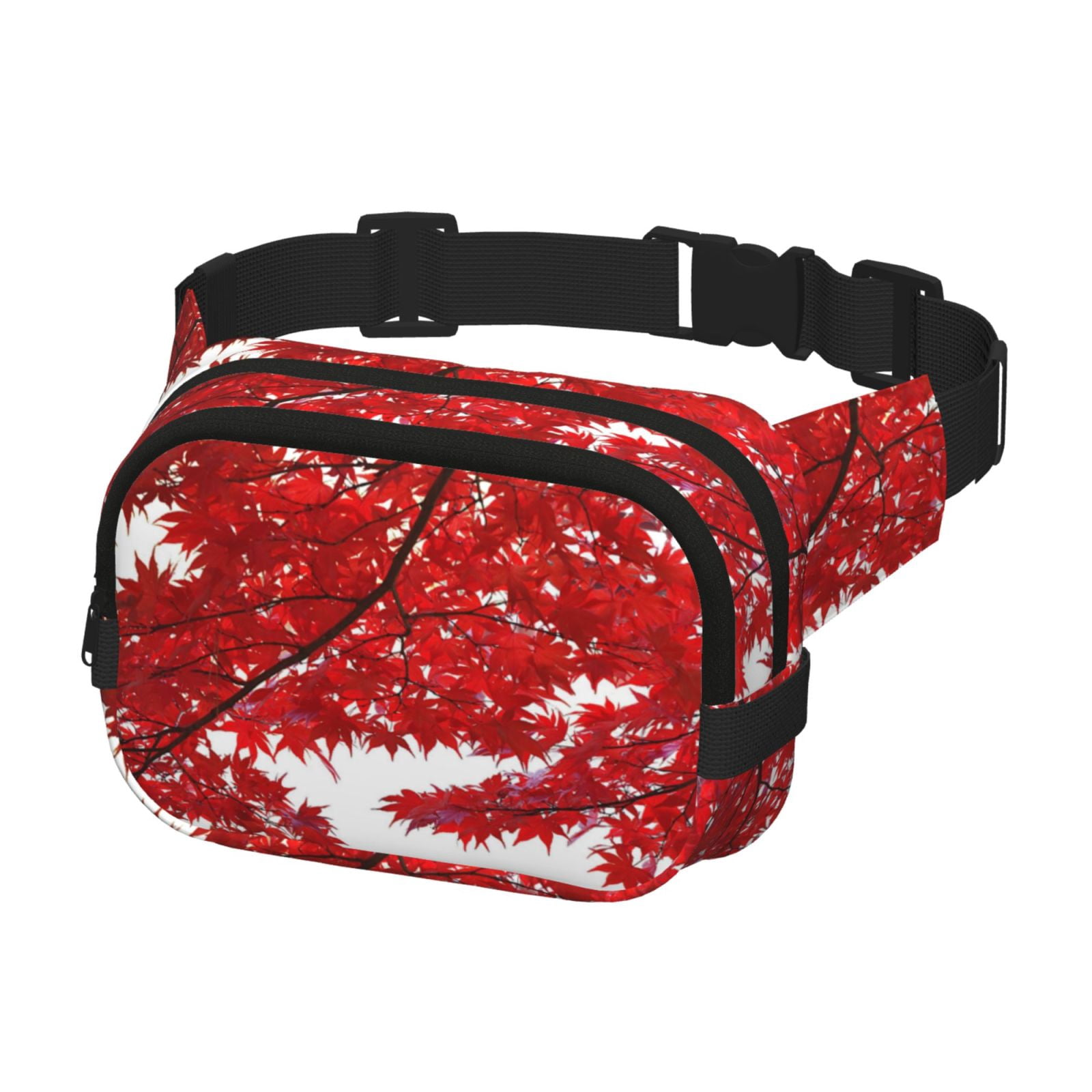 Picia Red Maple Leaf Print Square Double-Layer Waist Bag Mini Adjustable Waist Belt Bag Exercise Running Travel Hiking