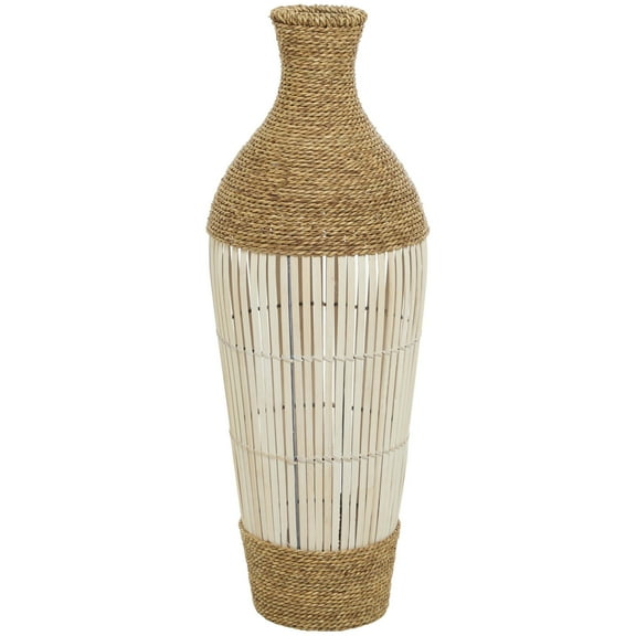 DecMode Seagrass/Bamboo Bohemian Round Tapered Decorative Vase 11"W x 32"H, with Coiled Brown Woven Rope and White Bamboo Slats