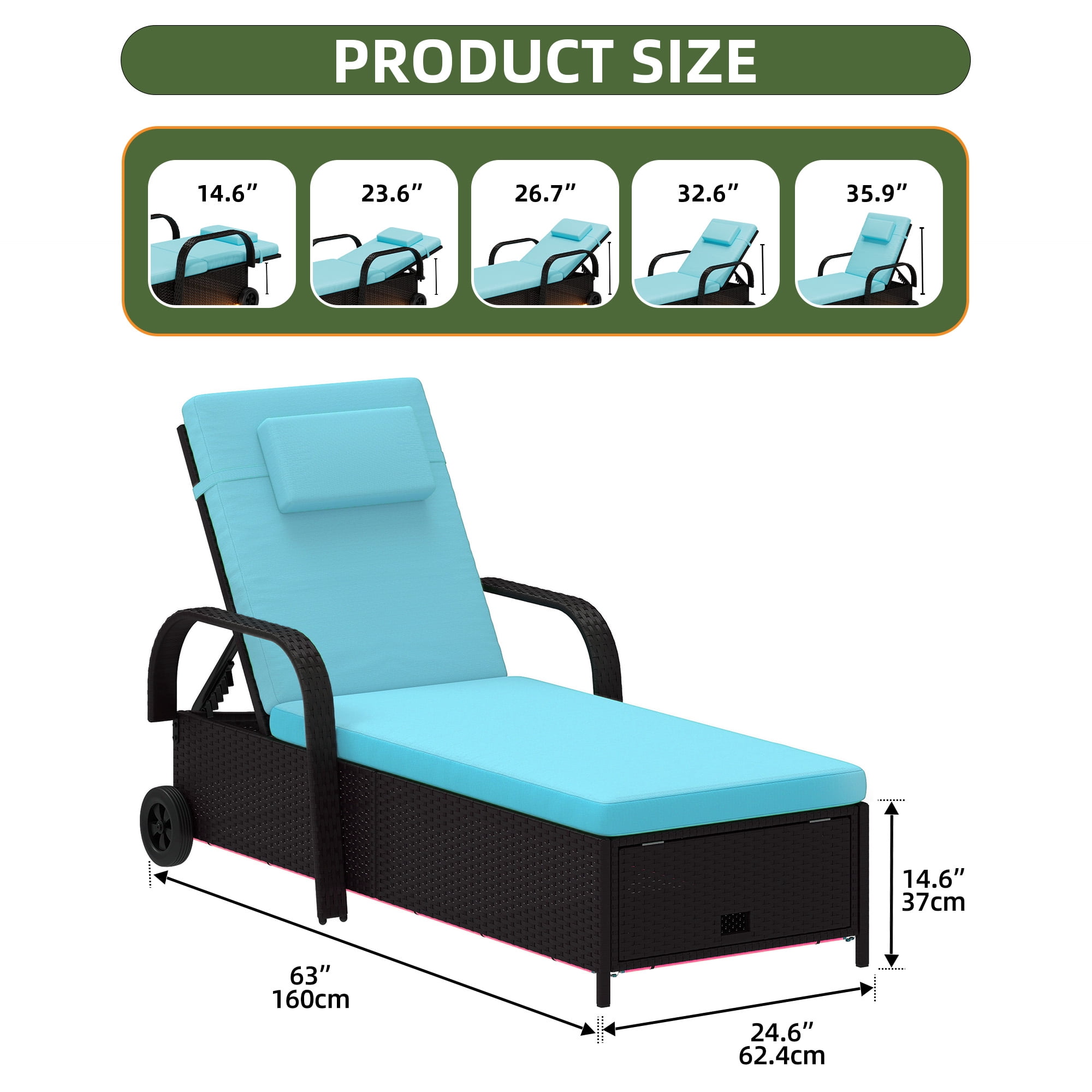 Uforic LED Outdoor Lounge Chair with 5-Level Recline, Wheels, Storage, Patio Wicker Chaise, Black/Blue
