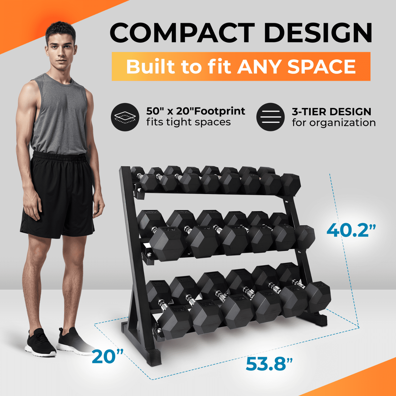 StrengthUSA Rubber Hex Dumbbell Set with Rack, 20 Pair of 5-100 lb (2100 lbs total) Weight Rack with Dumbbells, Rubber Coated Dumbbell Set with Rack Stand