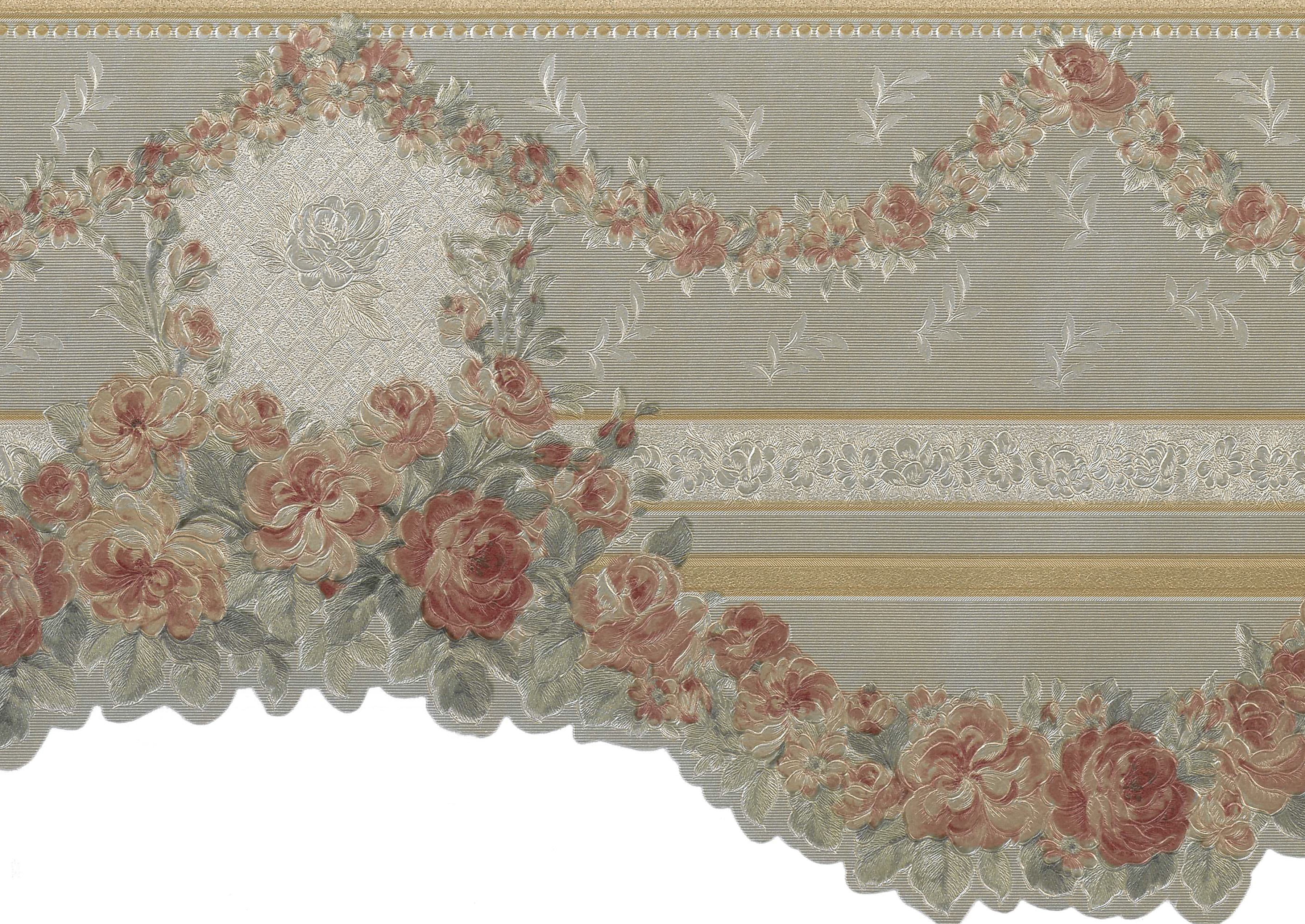 Prepasted Wallpaper Border - Victorian Gold, Green, Pink Roses Garlands