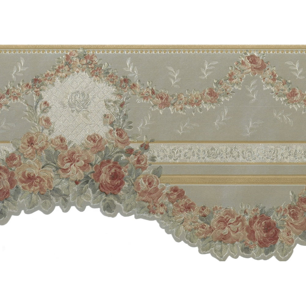 Prepasted Wallpaper Border Victorian Gold, Green, Pink Roses Garlands