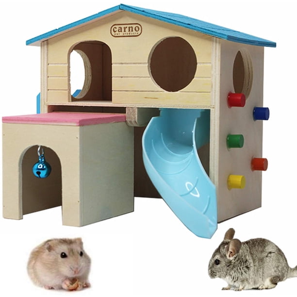 Casa de hámster para escondite de animales pequeños para mascotas con divertido tobogán de escalera para escalar Cabaña de madera Juguetes para masticar para animales pequeños como hámster enano y ratón MFZFUKR WRQX-125