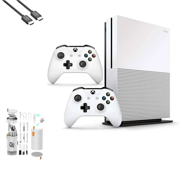 Pre-Owned Microsoft Xbox One S 500GB with 2 Controller, 4K Ultra HD White with BOLT AXTION Cleaning Kit HDMI Bundle