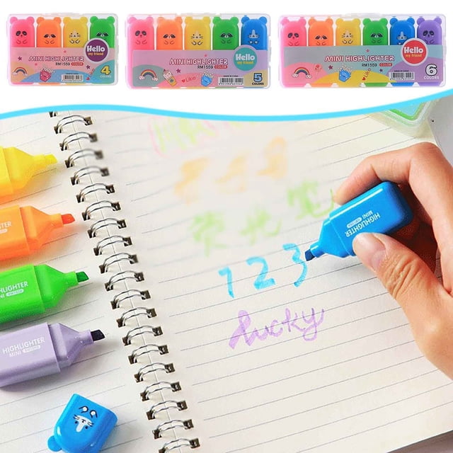 Vacemry 3Pcs Back ToSchoolColor Highlighter Marker Pens, Fluorescent Water-Based Ink, 4 5 6 Colors Available, 2-Pack 10ML Marker Pen Set ForStudentsTeachers Office Work, Cartoon Style Mini