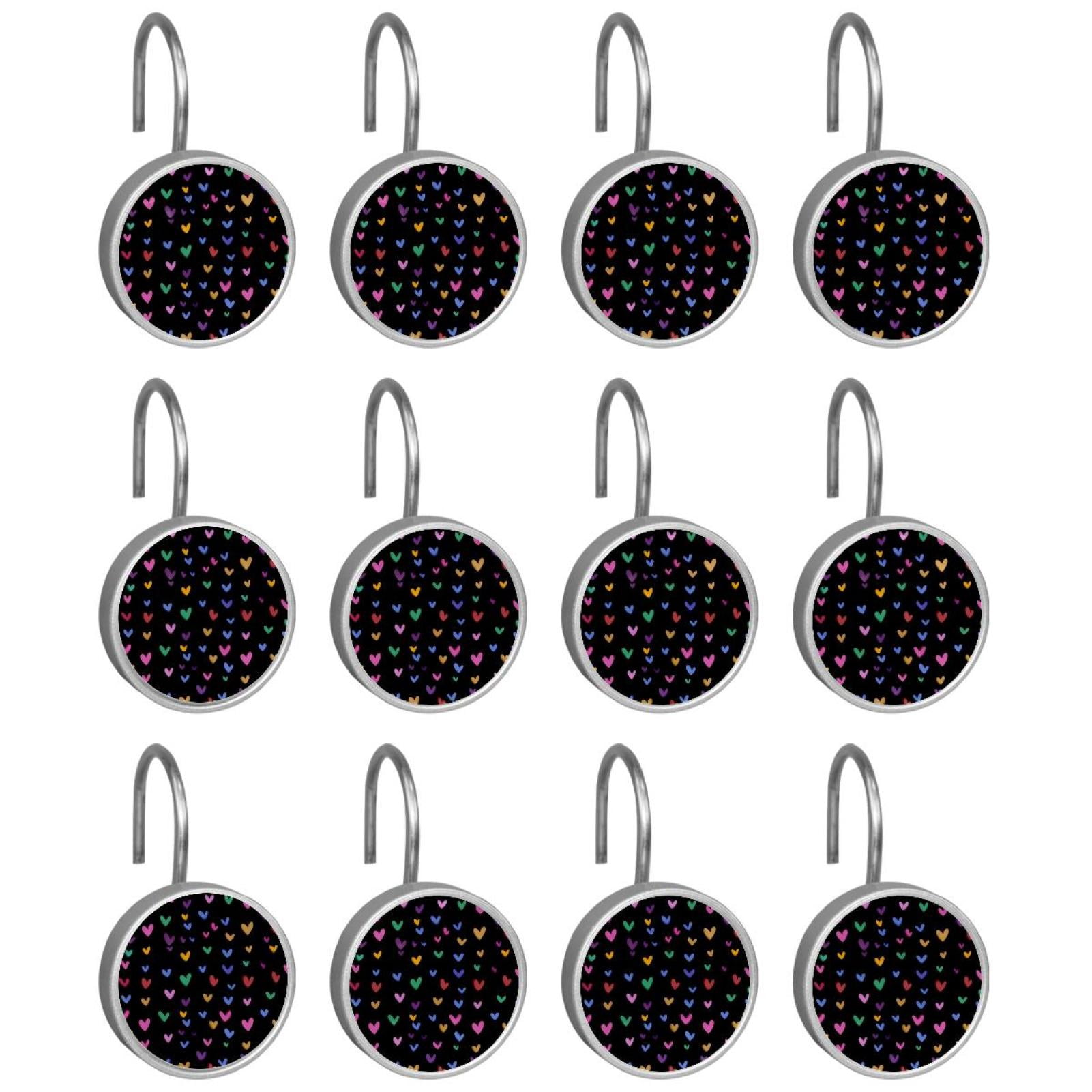 12pcs Decorative Shower Curtain Hooks, Rust Resistant Shower Rings for Bathroom Living Room,Rustproof Stainless Steel Rings for Shower Curtain and Liner Rods,Colorful Hearts Black
