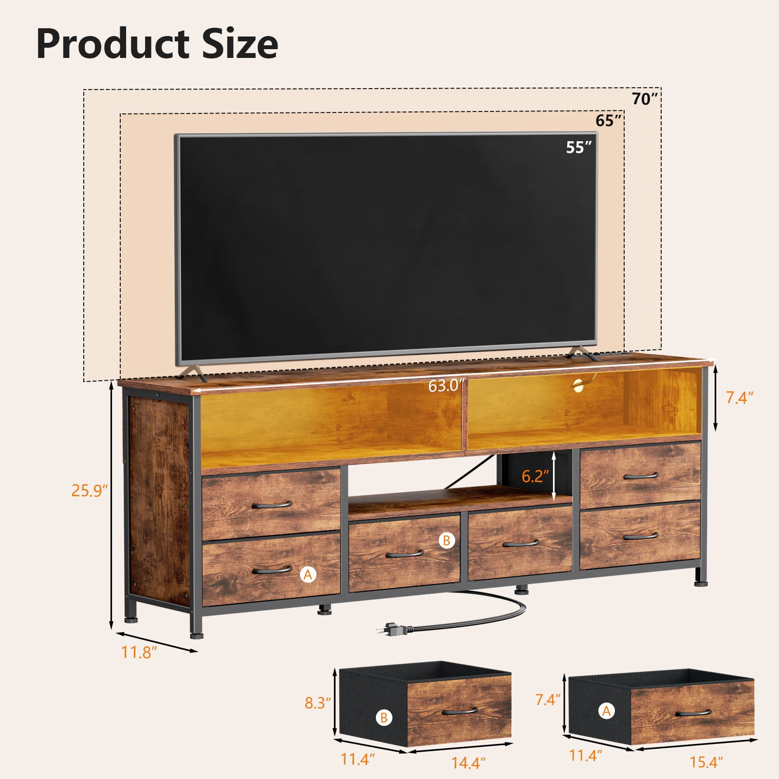 Tydimor 6-Drawer Fabric Dresser with LED Lights & Outlet, TV Stand with 3 Open Compartments, Metal Frame Anti-Tip Design, Fits 32"-70" TVs, Rustic Brown (63")