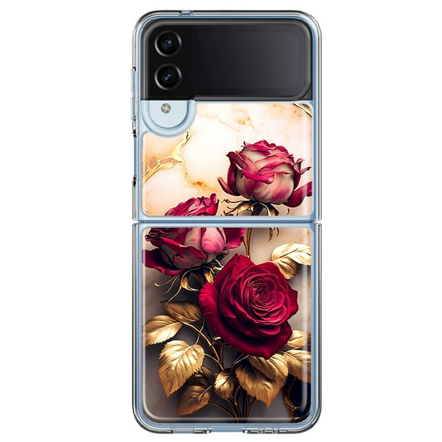 MUNDAZE Samsung Galaxy Z Flip 4 Romantic Elegant Gold Marble Red Roses Double Layer Phone Case Cover