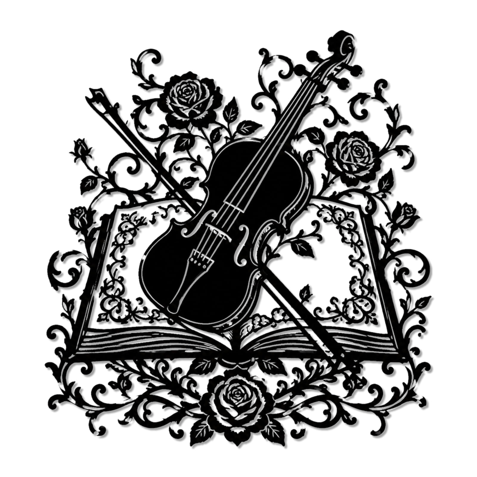 Violin and Rose Book Metal Wall Art Metal Signs Metal Outdoor Decor WallArt Decor Elegant Vintage Gothic Wall Sculpture Hanging Plaque Ornament Home Decoration for Living Room Bedroom