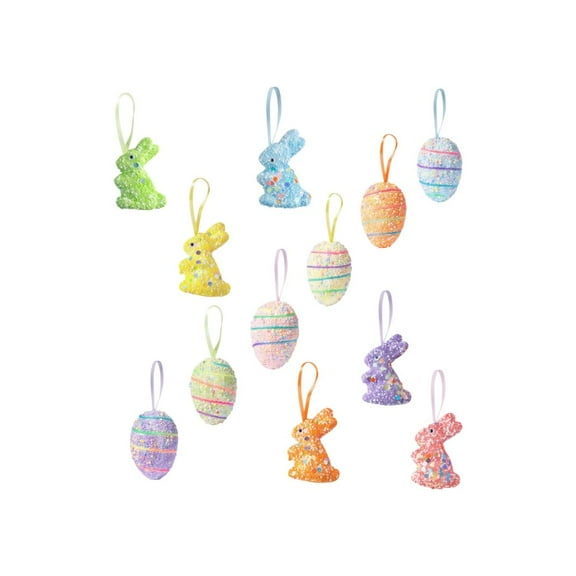 12Pcs Easter Tree Hanging Ornament Decoration,Spring Party Hang Decor with Rope Colorful Foam Egg Bunny Pendant,Glitter Rabbit Craft for Home School Party Game Wall Decorative Supplies