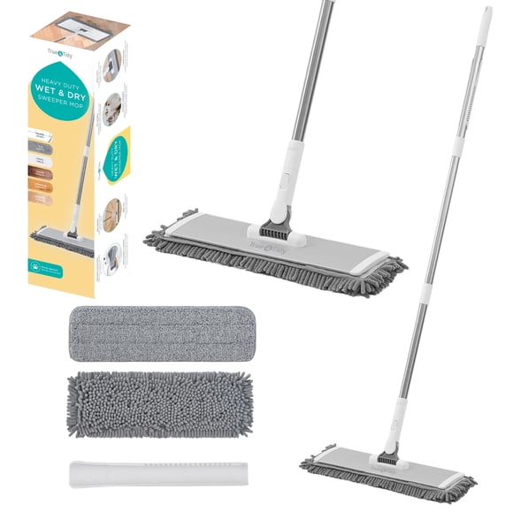 True & Tidy SWEEP-180A Heavy Duty Wet and Dry Sweeper Dust Mop, Includes 1 Microfiber and 1 Chenille Mop Pad, Aluminum Mop Head, for All Ty