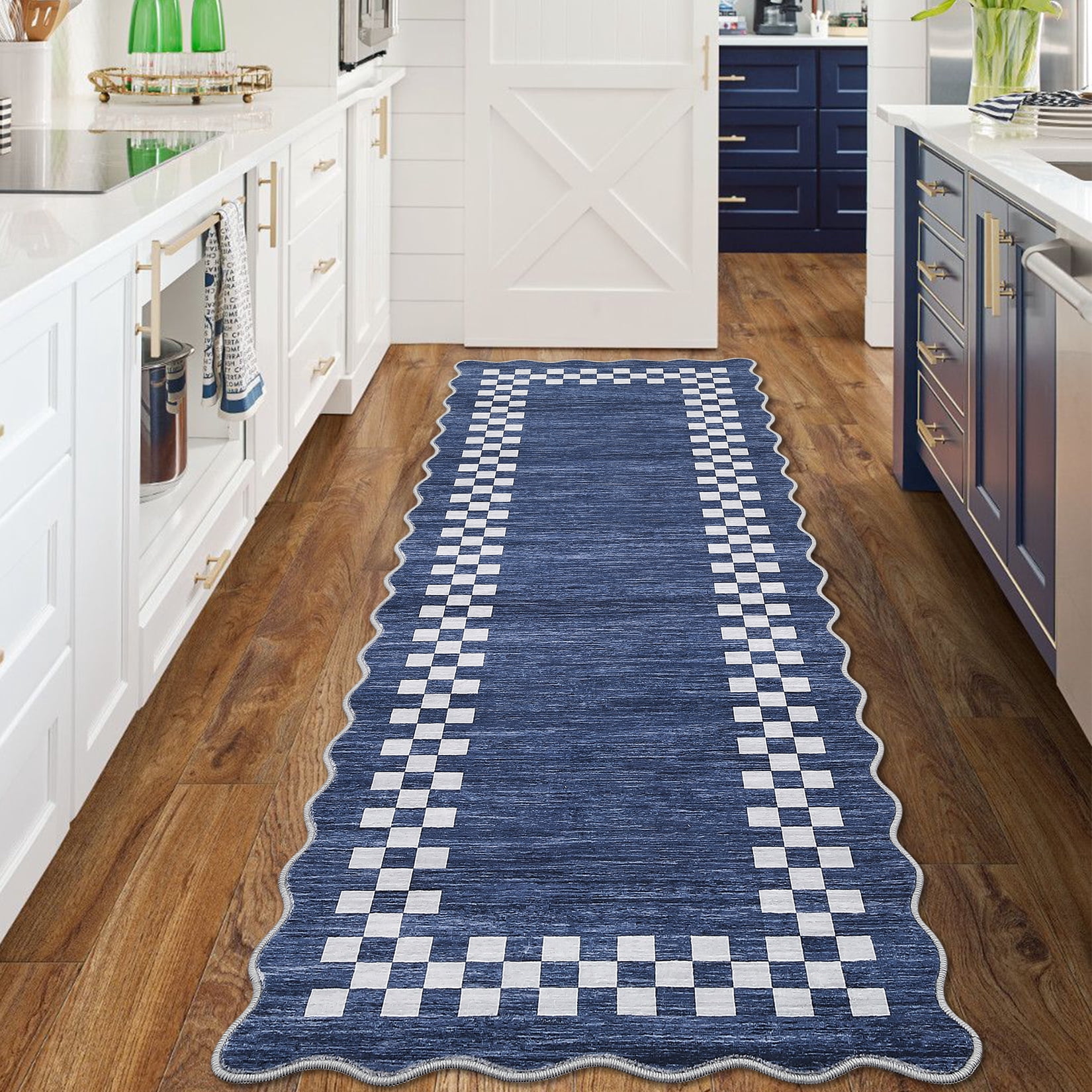 HOMERRY Scalloped Border Runner 2' x 6' for Hallway Modern Washable Throw Rugs for Kitchen Indoor Carpet, Blue