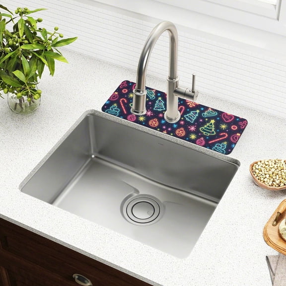 Yayeee Faucet Mat for Kitchen Sink 14.7" Diatomite Long Splash Guard Pad, Neon Christmas