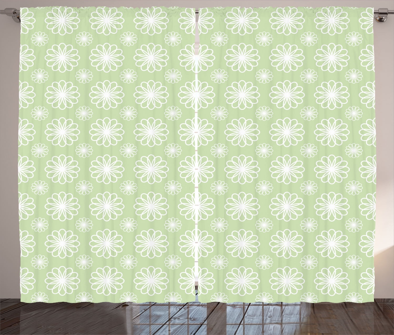 Floral Curtains 2 Panels Set, Geometric Ornamental Flowers ...