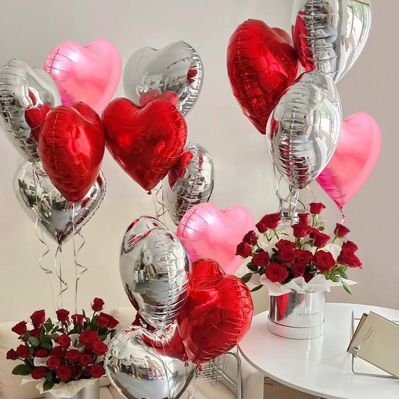 Pink Silver and Red Balloons - Pack of 15 - Heart Shaped Foil Balloons for Valentines Day Wedding Birthday Decorations