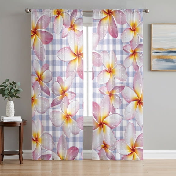 Pink Flowers Sheer Curtains 84 Inch Length 2 Panels Set, Spring Floral Blue Checkered Farmhouse Voile Window Treatment Rod Pocket Curtains Sheers Drapes for Bedroom/Living Room/Kitchen 52"x84"x2