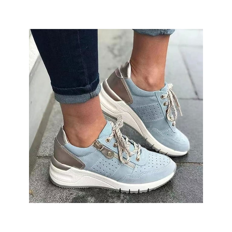 Frontwalk Womens Platform Sneaker Wedge Sport Shoes Zipper Athletic Shoe Work Non slip Casual Sneakers Ladies Lace Up Light Blue 39