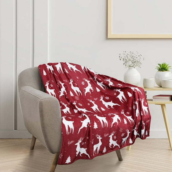 Christmas Blanket Gift Flannel Plush Christmas Throw Blanket Cute Christmas Reindeer Holiday Theme Soft Cozy Sofa Blanket 60 x 80 Inches Christmas Red Print