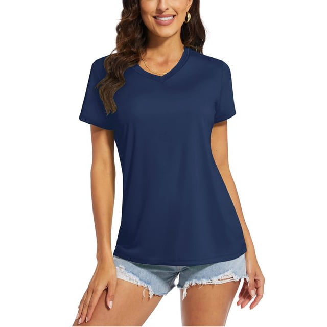 OUSITAID UPF 50+ T-shirts d'Été à Manches Courtes Col en V T-shirts de Protection Solaire pour Femmes Séchage Rapide Randonnée Course Hauts
