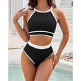 thumbnail image 2 of 2024 New European and American Women's Swimsuit High Waist Bikini Set Solid Color Sports Swimsuit Two-piece Swimsuit (Black) Size L, 2 of 5