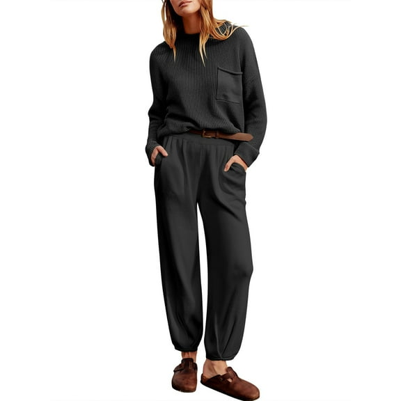 Douhoow Women Knitted Lounge Clothes 2pcs Sweater Set Long Sleeve Ribbed Pullover Loose Trousers