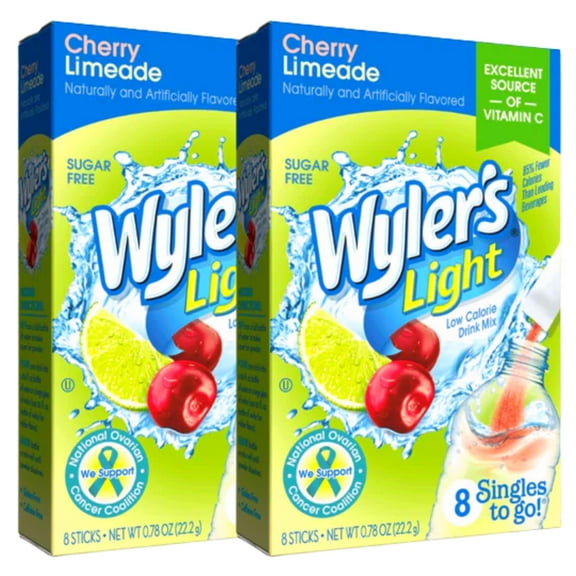 Wyler's Light Sugar-Free Cherry Limeade Singles to Go Drink Mix Deceivingly Delicious Fruity Flavored On The Go Water Enhancer Mix Packets Lunch Picnic Outdoor Beverage 2 Boxes -16 Servings