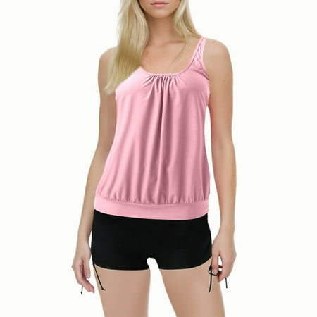 Womens Swimsuits Solid Color Tankini Swimsuits For Women 2 Piece Tops With Boyshorts Loose Fit Swimwears Activewear Red M