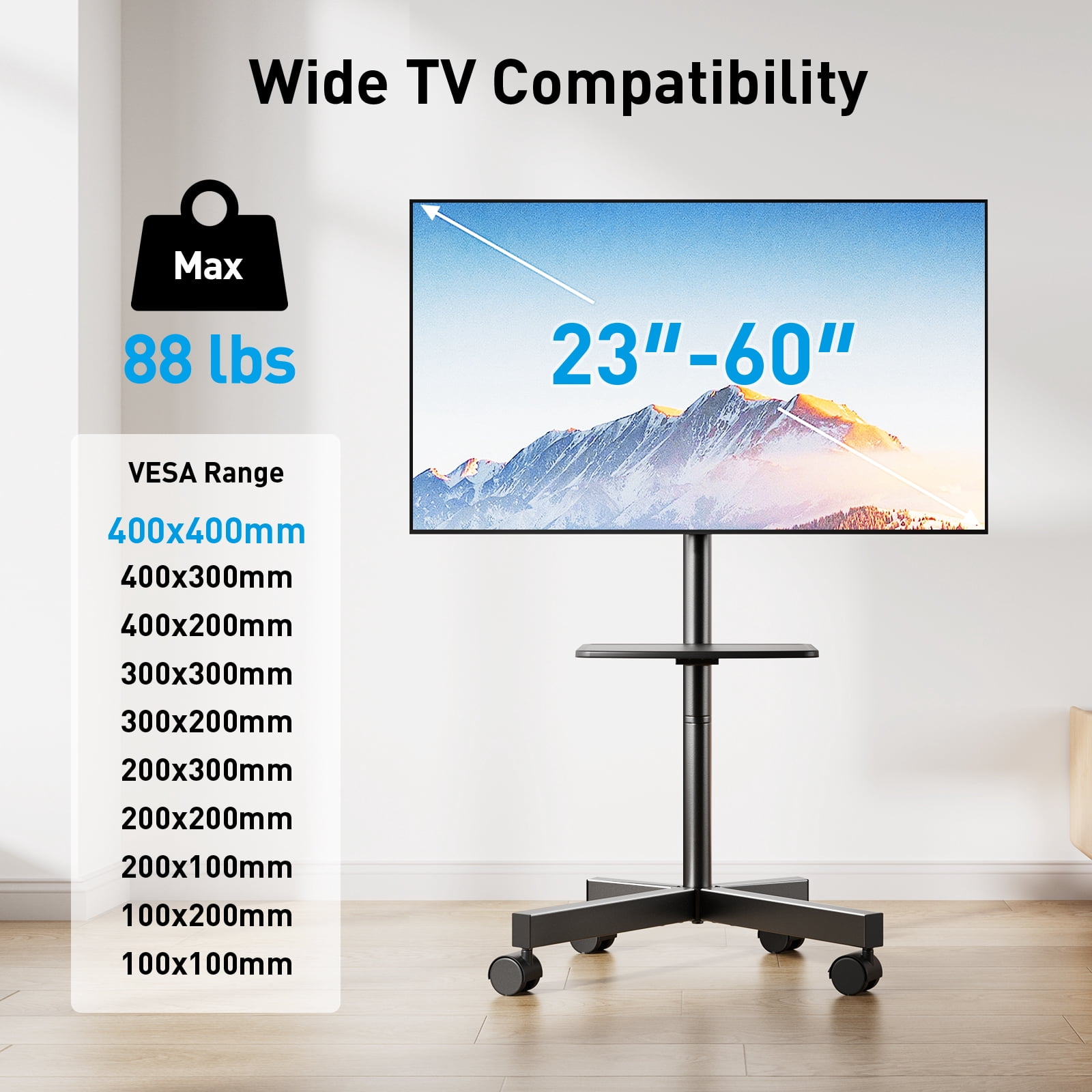 PERLESMITH 23"- 60" Mobile TV Stands with Mount on Wheels, Holds up to 88 lbs, PSTVMC10