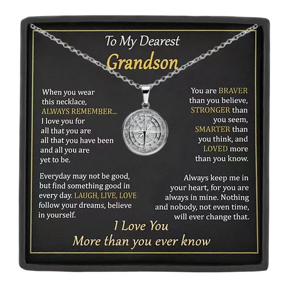 MASALADI Grandson Necklace Inspirational Compass Pendant with "To My Dearest Grandson" Message Card, Gift from Grandma or Grandpa