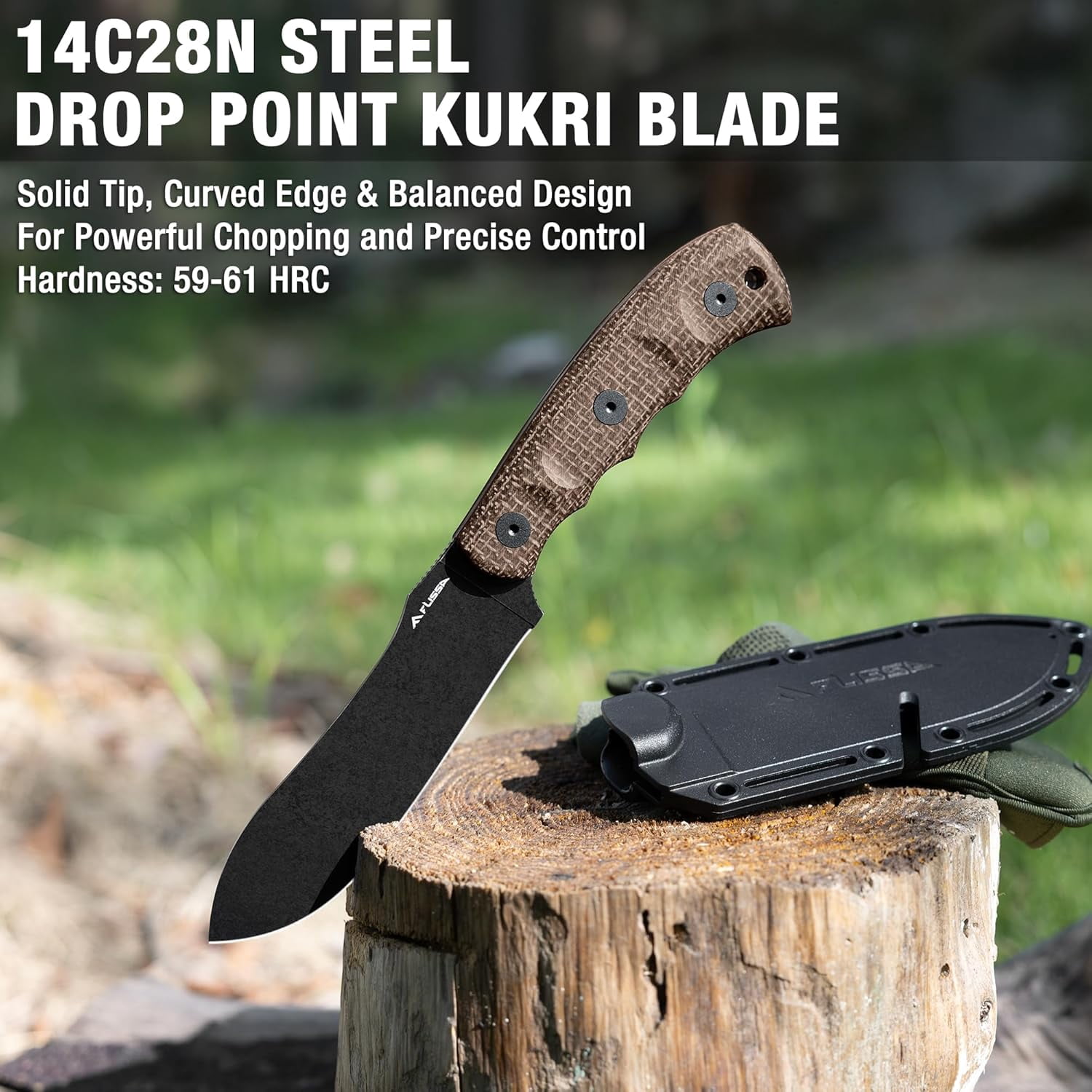 FLISSA Fixed Blade Knife with Sheath, 4.7" Full Tang Hunting Kukri Knife with 14C28N Steel Blade, G10 and Linen Handle, Rope Cutter for EDC Outdoor Hiking, Survival, Camping