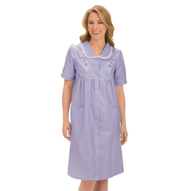 Bata de cuadros vichy para mujer, con detalles florales, cierre a presión y ribete de encaje, color lila, talla extragrande.