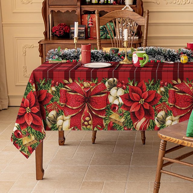 Nappe Rectangulaire de Noël - Nappe à Fleurs Rouges à Carreaux, Tissu Polyester Lavable pour Salle à Manger, Fêtes et Décorations de Vacances, 60 x 102 Pouces