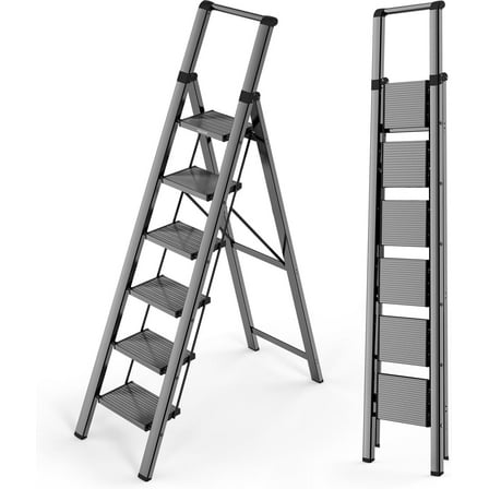 6 Step Ladder for 12 Feet High Ceiling, Lightweight Foldable Ladder with Non-Slip Wide Pedals, Stepladder with Safe Handrail, Space Saving for Home, Kitchen, Indoor & Outdoor 300lbs - Black