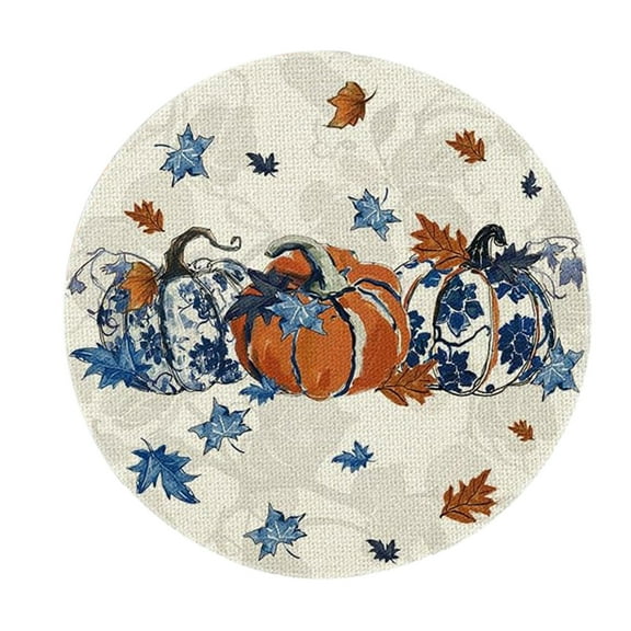 Uxgjfwu Round Placemats with Fall Maple Pumpkin Print, Faux Linen Material for Dining Table Home Decoration, Perfect for Thanksgiving Autumn Parties and Daily Meals
