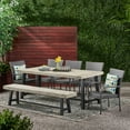 thumbnail image 2 of GDF Studio Tahiti Outdoor Acacia Wood and Wicker 7 Piece Dining Set with Bench, Sandblasted Light Gray, Black, and Gray, 2 of 13
