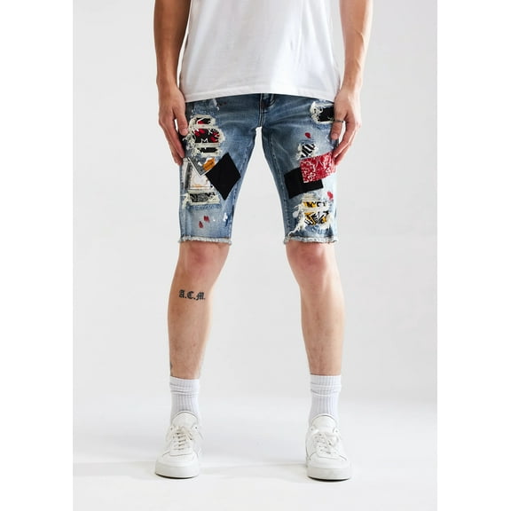 Embellish NYC Men's Wilder Rip & Repair Patchwork Distressed Skinny Denim Shorts (28, Indigo Blue)