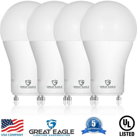 Great Eagle LED A19 Light Bulb with GU24 Twist-in Base. 14W (100W Replacement), 1600 Lumens, Dimmable, UL Listed, Cool White 4000K (4-Pack) Best LED Bulb for GU24 High