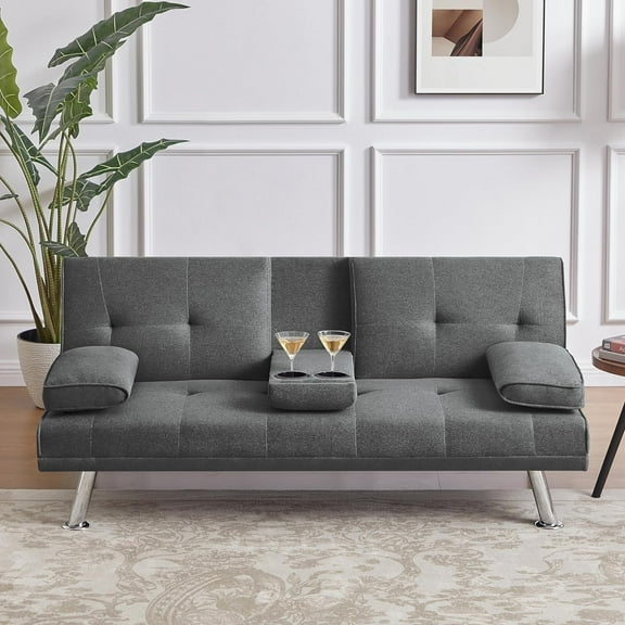 VFD Futon Sofa Bed Modern Folding Futon Set Convertible Recliner Lounge for Living Room with 2 Cup Holders, Removable Armrests (Linen, Deep Gray)