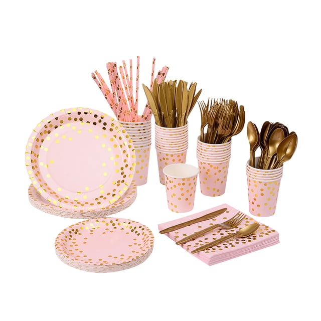 Traje de vajilla Juego de vajilla desechable para 25 invitados, vajilla de papel desechable para cumpleaños, platos, tenedores, cuchillos, cucharas, tazas, servilletas, pajitas Abanopi Traje de vajilla